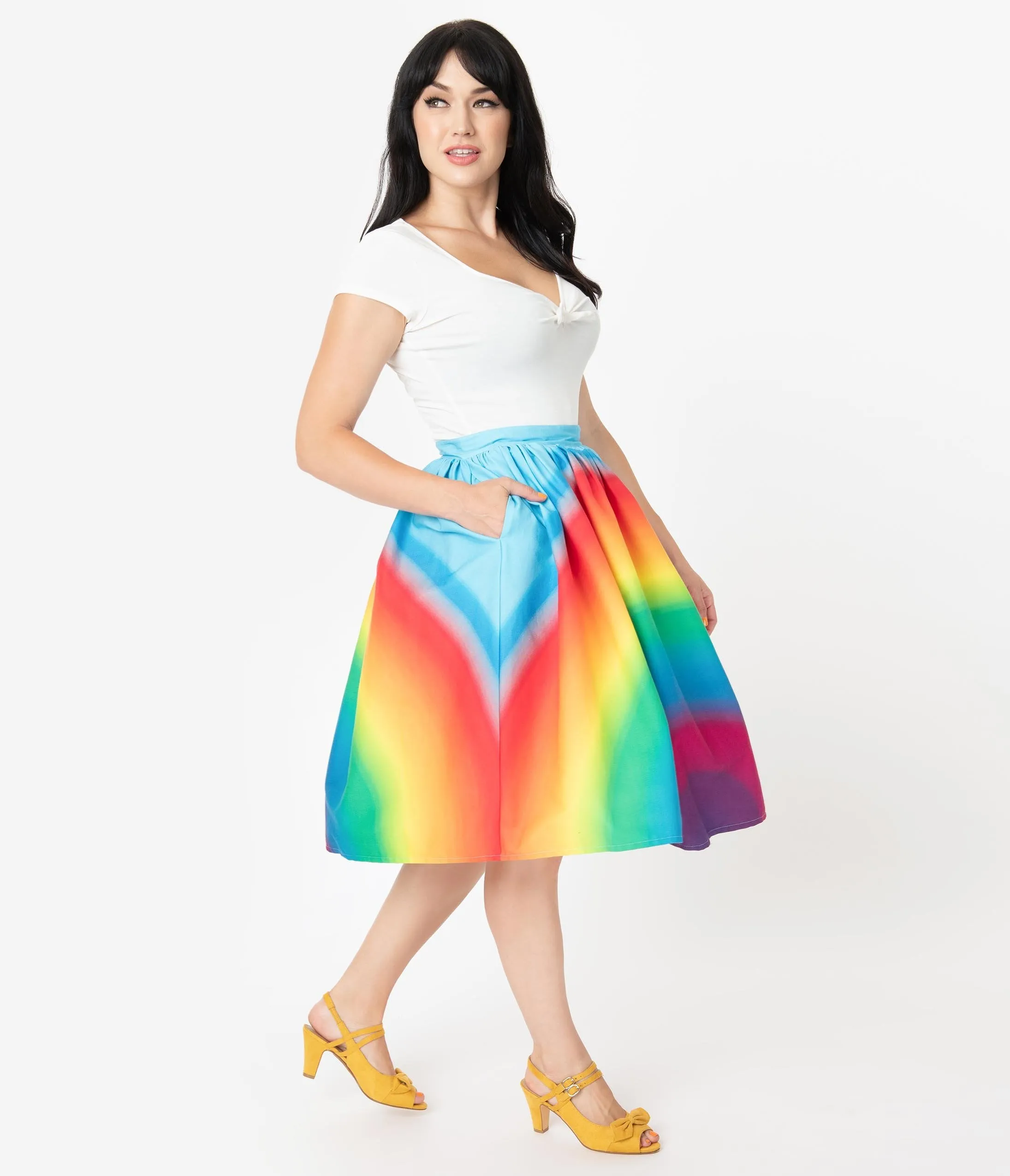 Unique Vintage 1950s Style Rainbow Print High Waist Swing Skirt