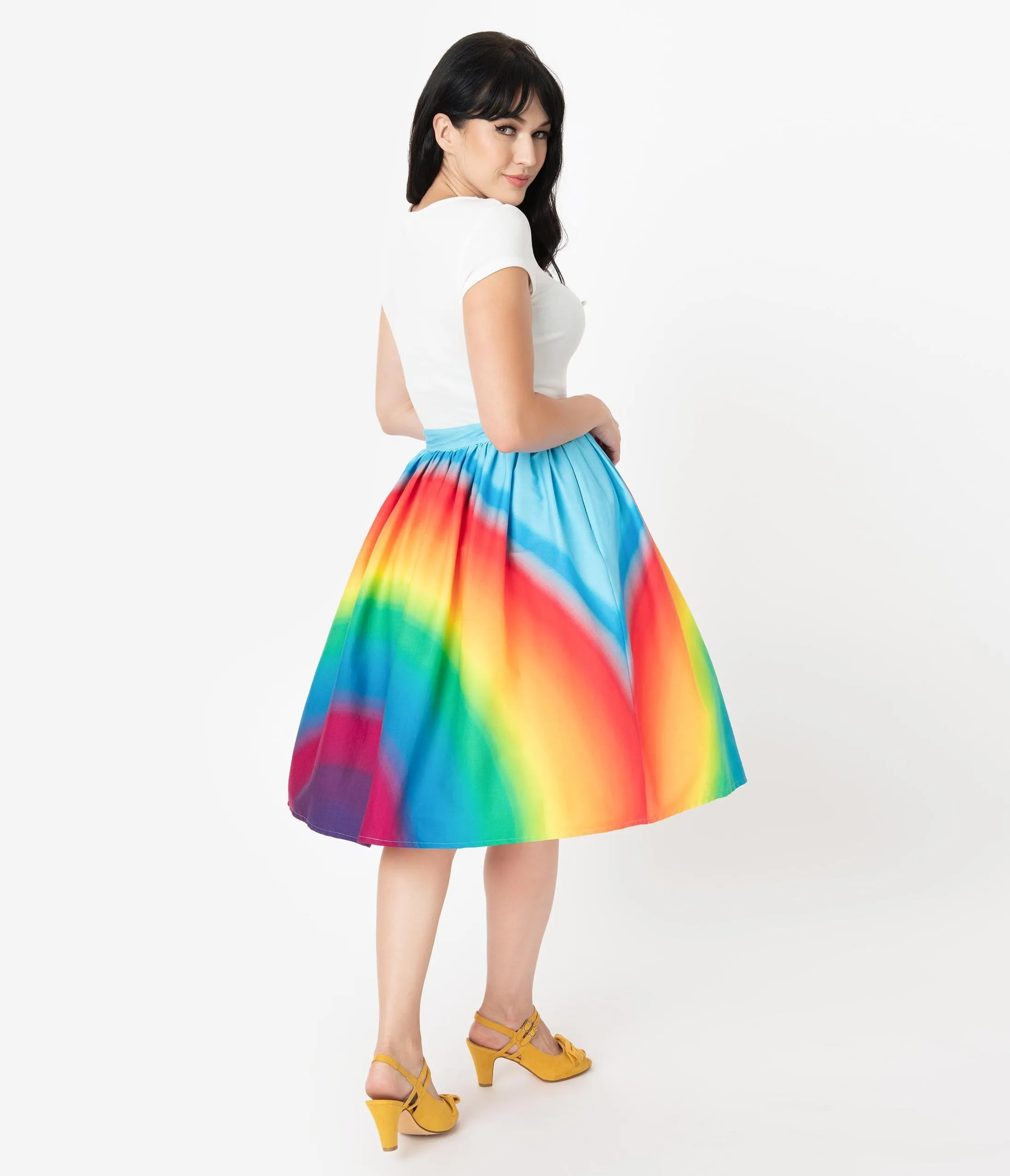 Unique Vintage 1950s Style Rainbow Print High Waist Swing Skirt