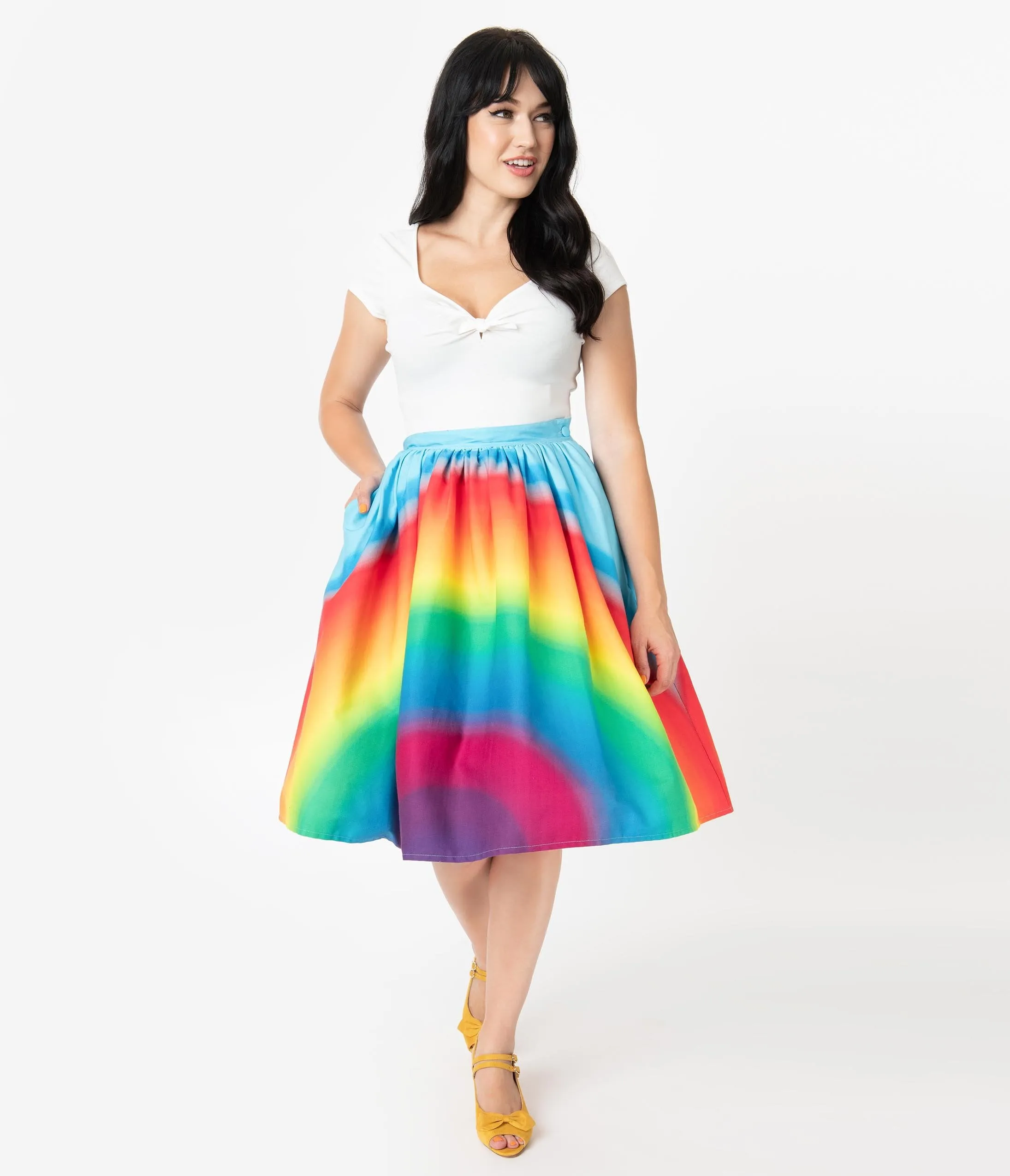 Unique Vintage 1950s Style Rainbow Print High Waist Swing Skirt