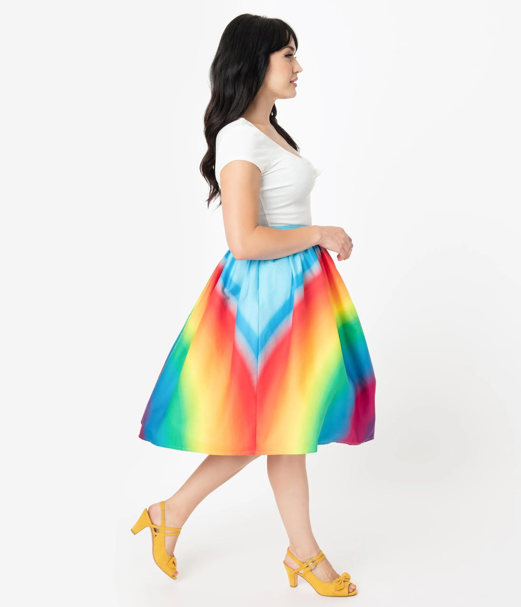 Unique Vintage 1950s Style Rainbow Print High Waist Swing Skirt