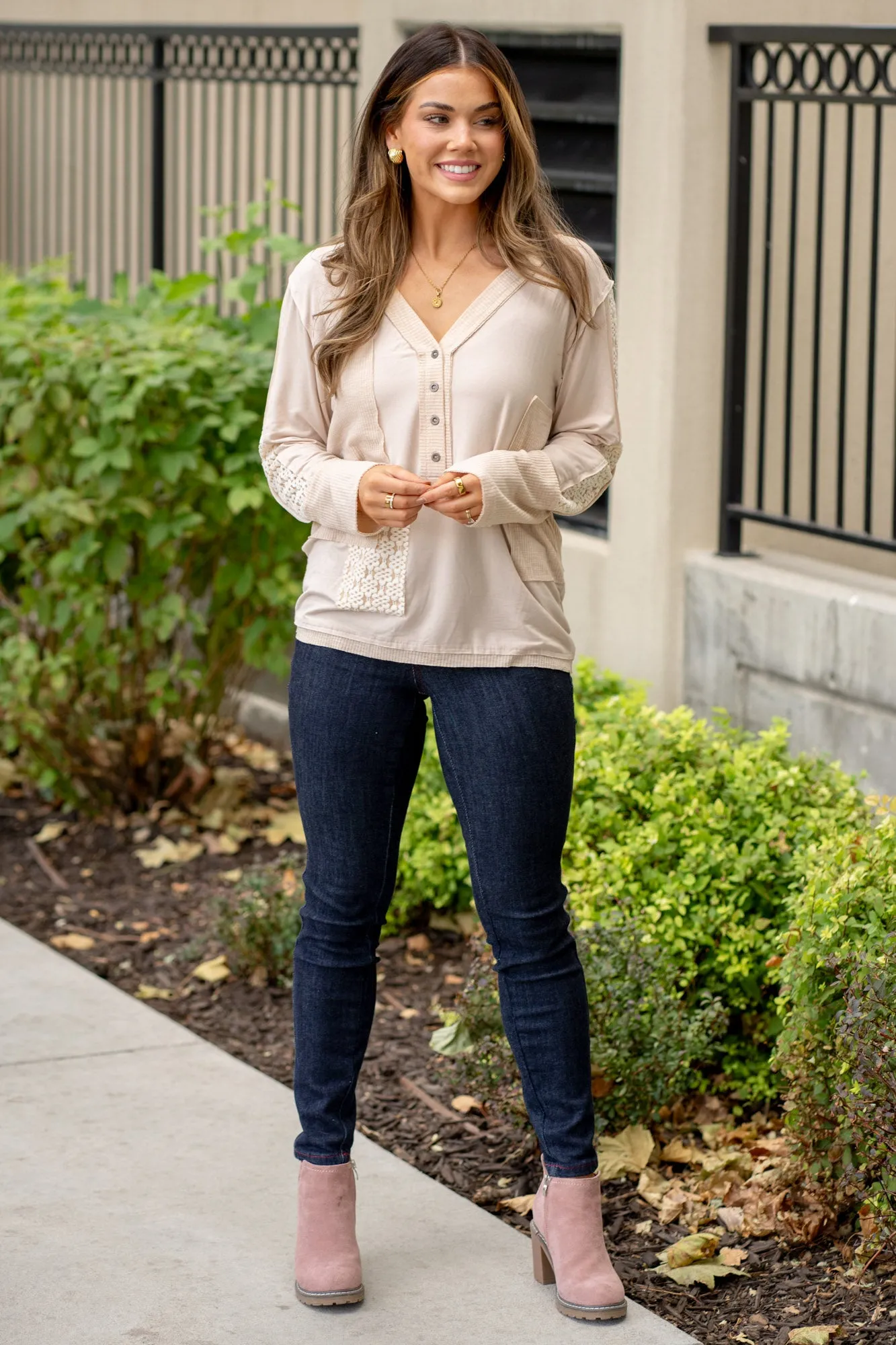 V-Neck Long Sleeve Floral Contrast Top