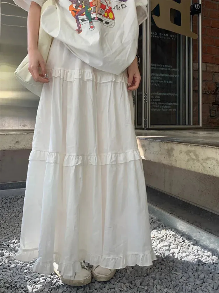 White Korean Style Elastic Waist Swing Skirt with Ruffle Trim