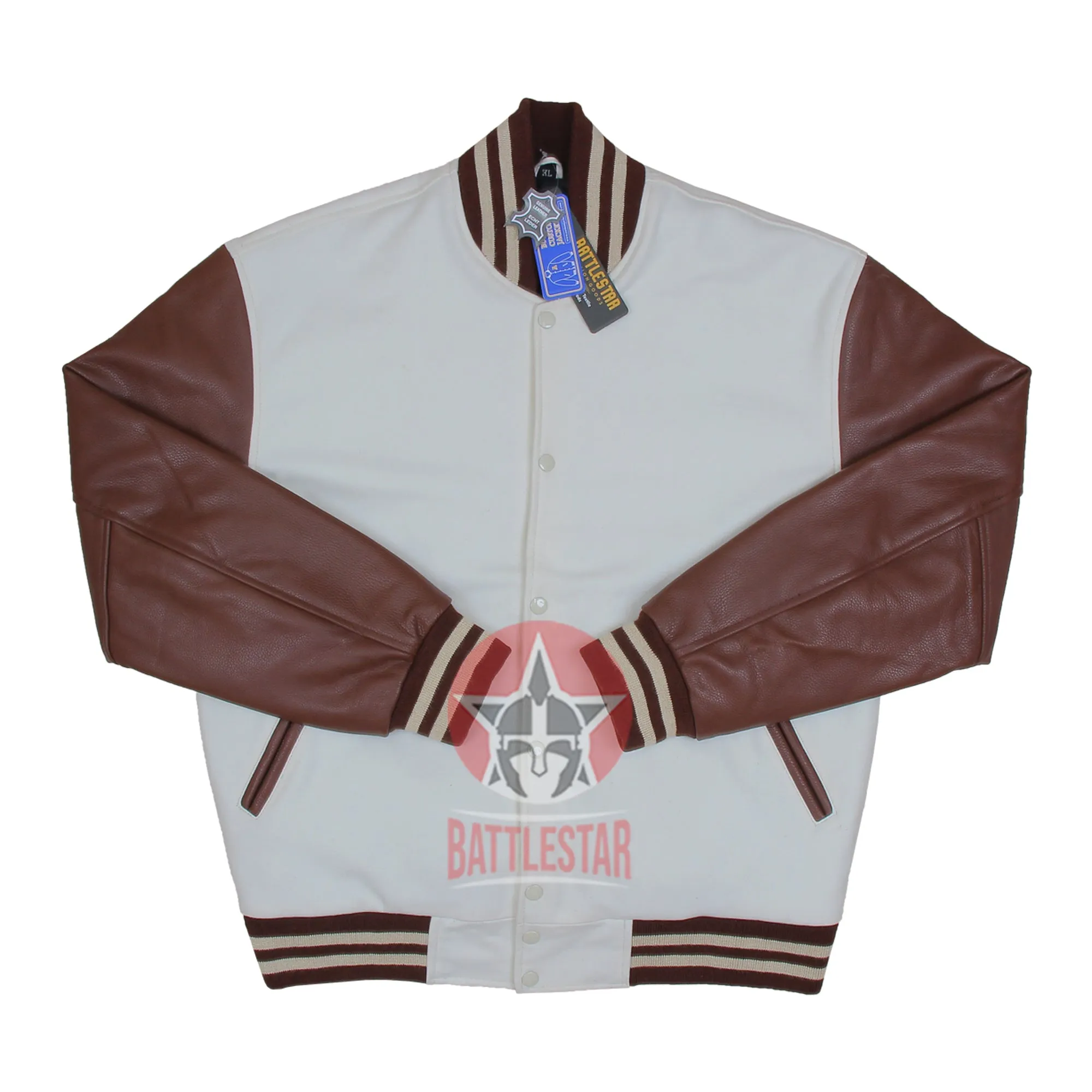 White Wool Brown Leather Sleeves Varsity Baseball Jacket