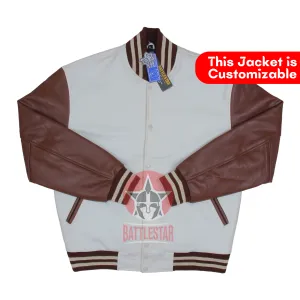 White Wool Brown Leather Sleeves Varsity Baseball Jacket