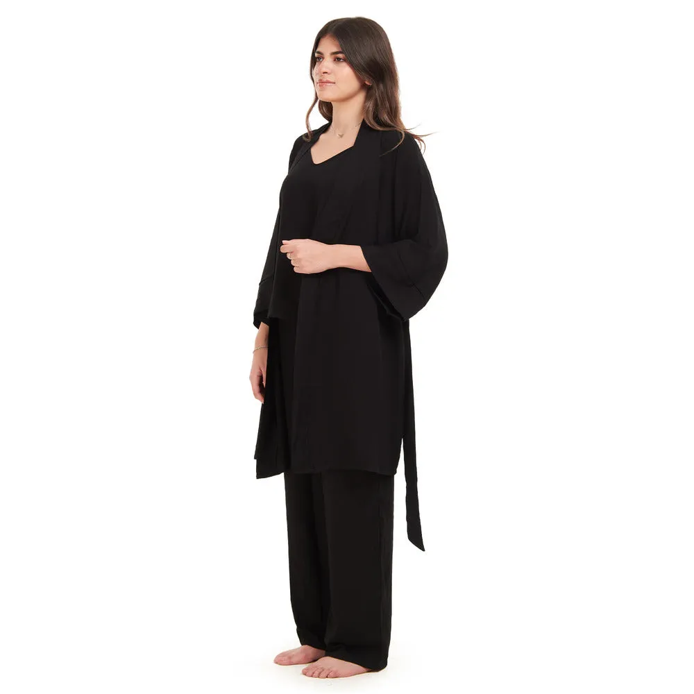 Women summer 3 piece pajama set  Black Top   Black kimono & Pants