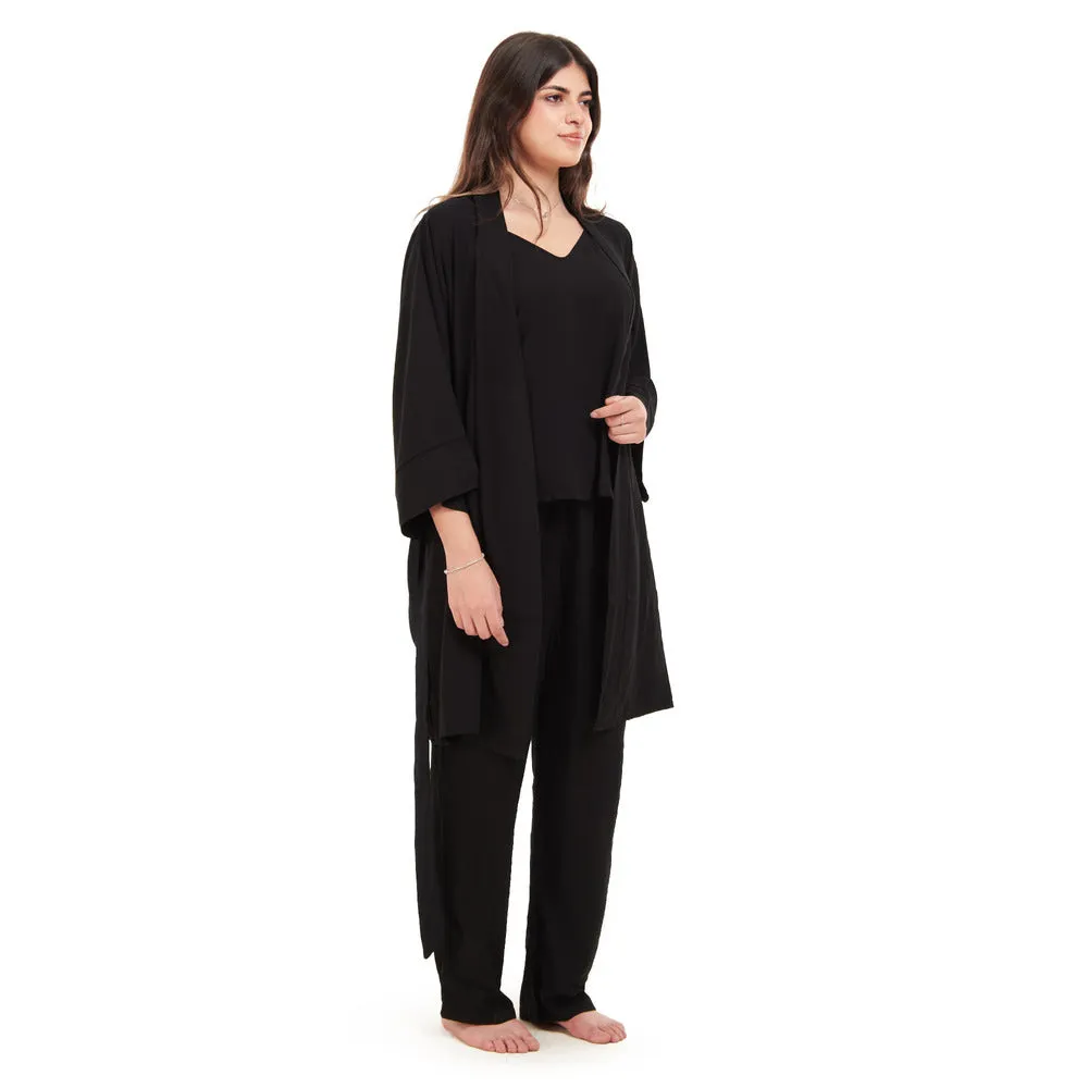 Women summer 3 piece pajama set  Black Top   Black kimono & Pants