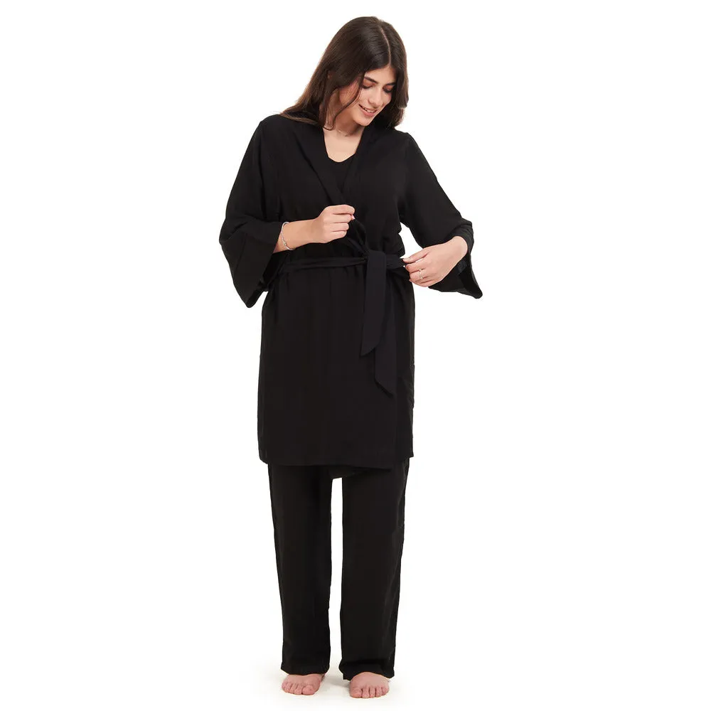 Women summer 3 piece pajama set  Black Top   Black kimono & Pants