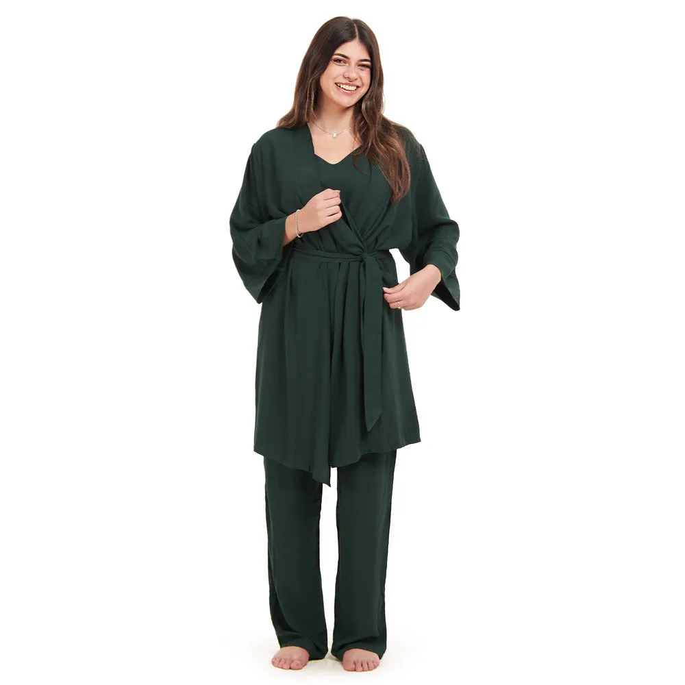 Women summer 3 piece pajama set  Dark Green Top   Dark Green kimono & Pants