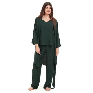 Women summer 3 piece pajama set  Dark Green Top   Dark Green kimono & Pants