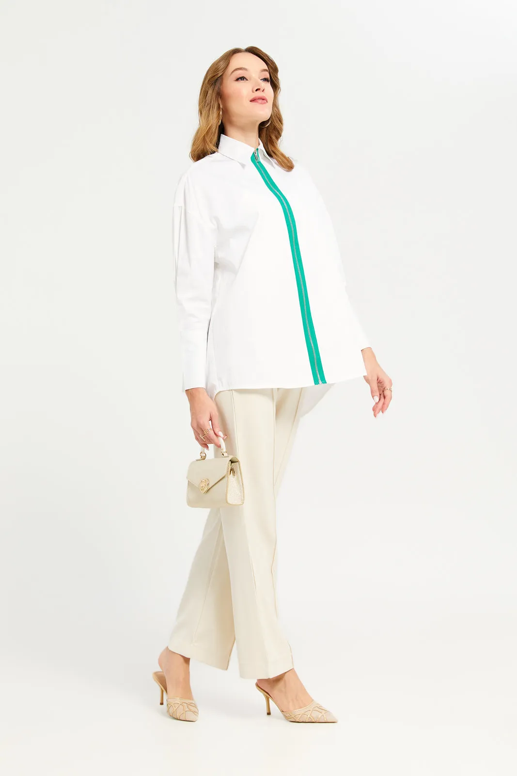 Women White Oversize Shirt Blouse With Contrast Zipper