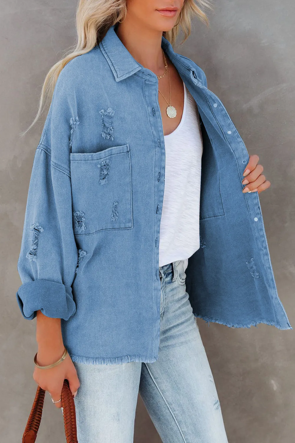 Womens Overdsizd Distressed Fringe Trim Denim Jacket