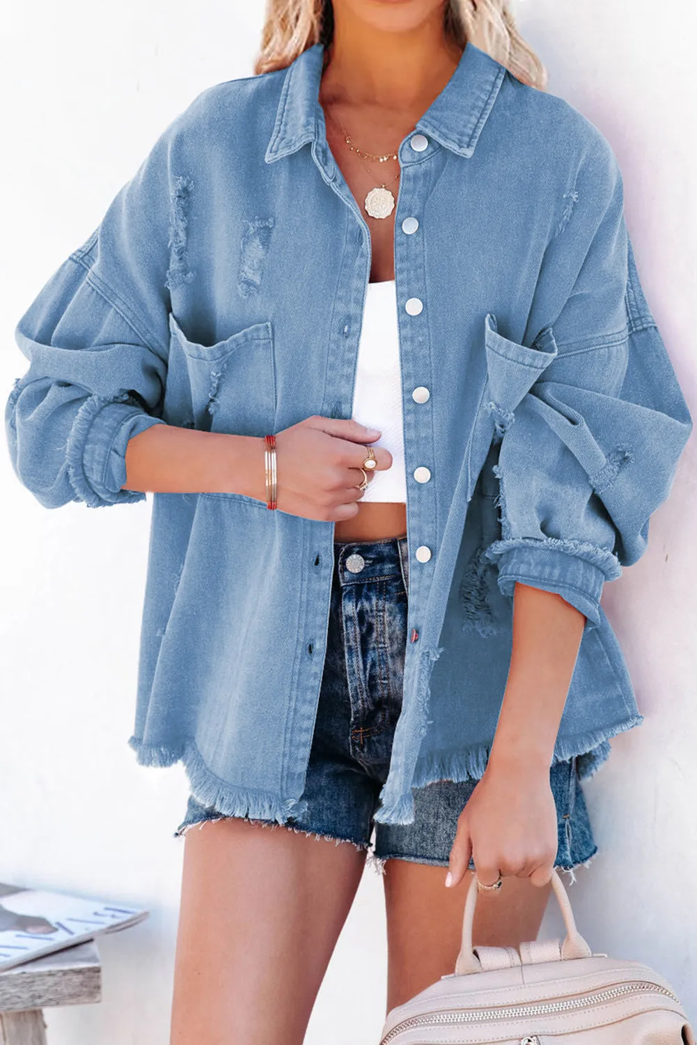 Womens Overdsizd Distressed Fringe Trim Denim Jacket