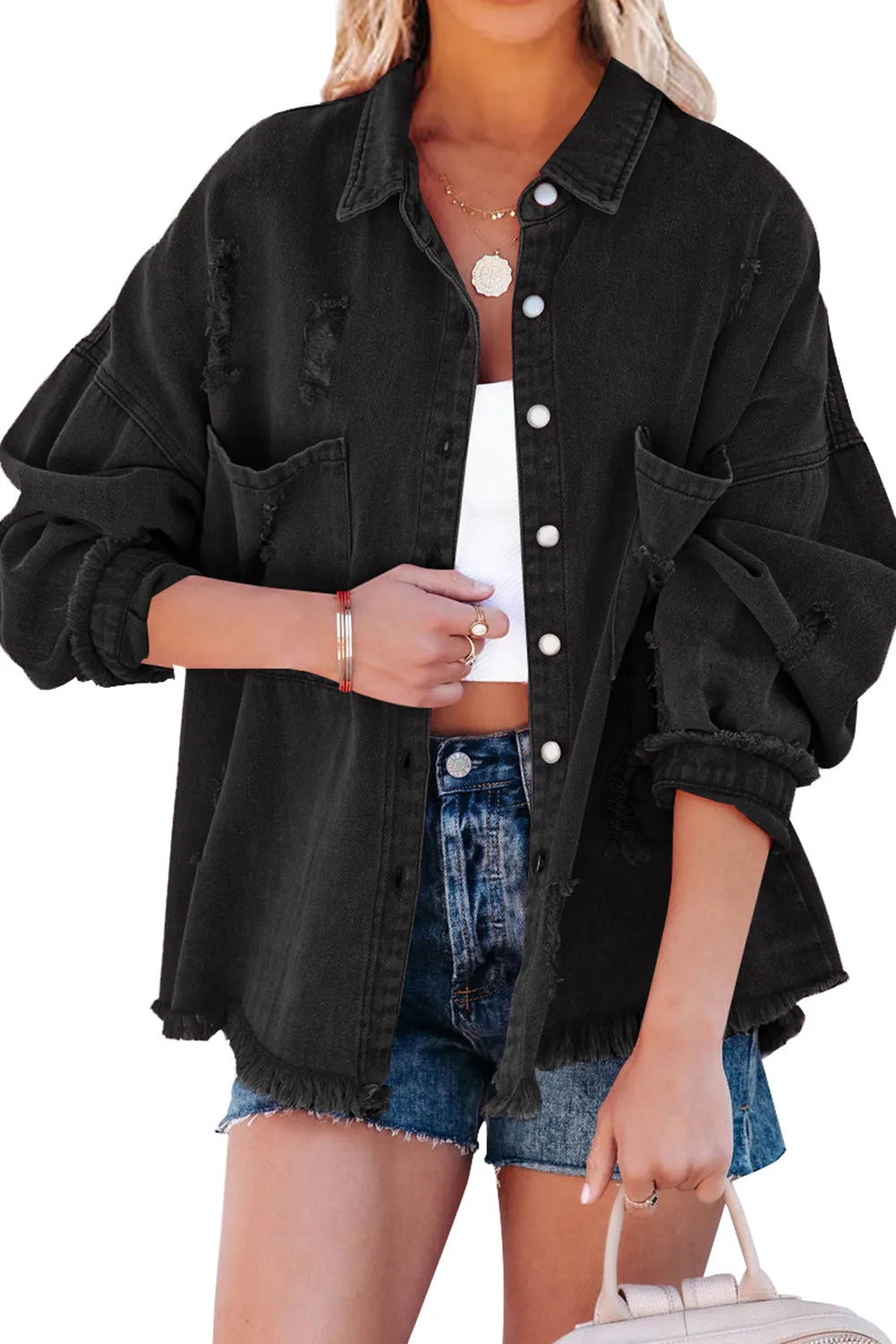 Womens Overdsizd Distressed Fringe Trim Denim Jacket