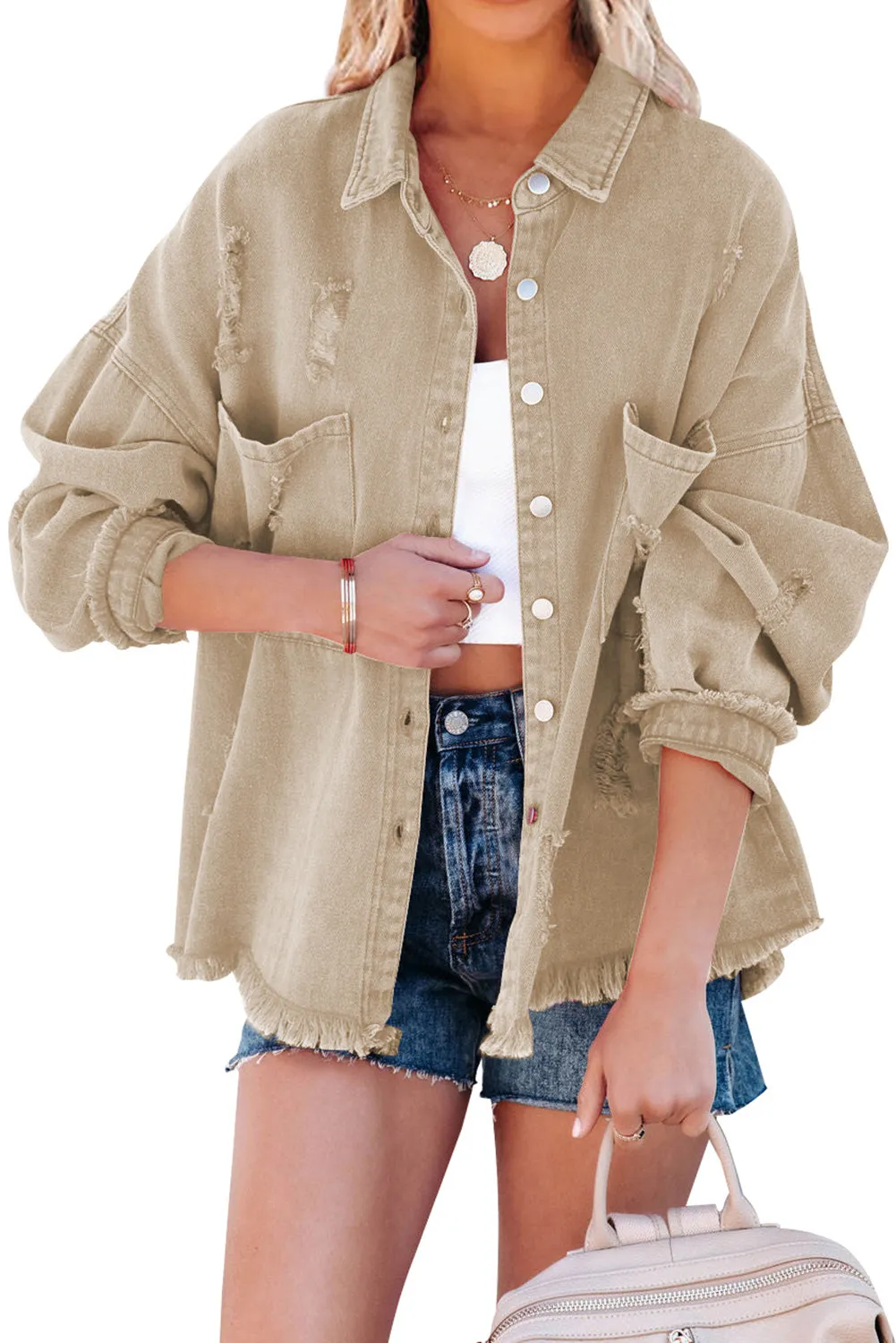 Womens Overdsizd Distressed Fringe Trim Denim Jacket