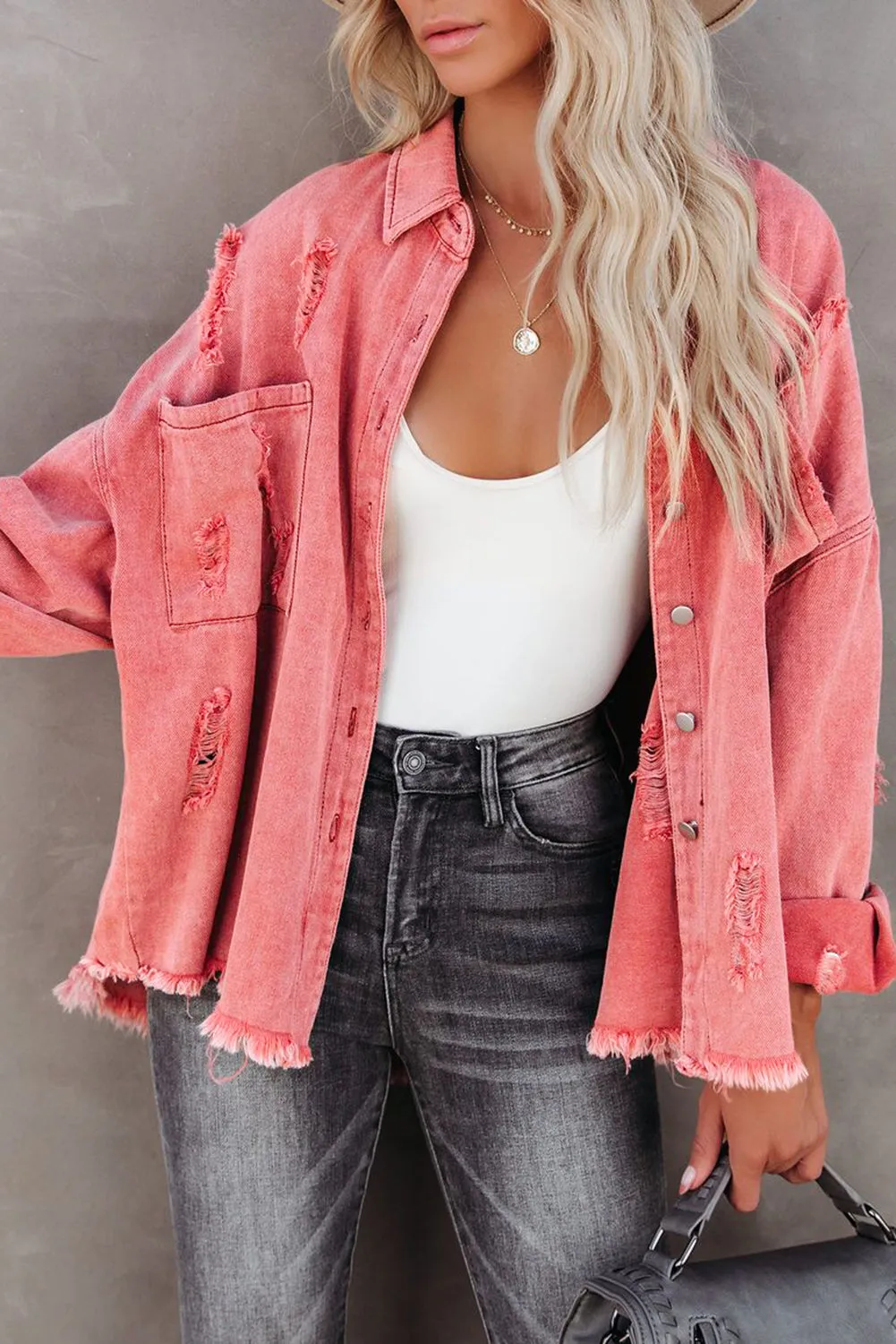 Womens Overdsizd Distressed Fringe Trim Denim Jacket