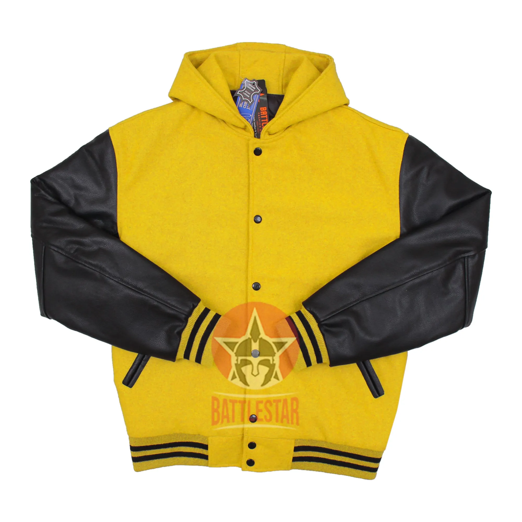 Yellow Wool Black Leather Hooded Baseball Letterman Varsity Jacket