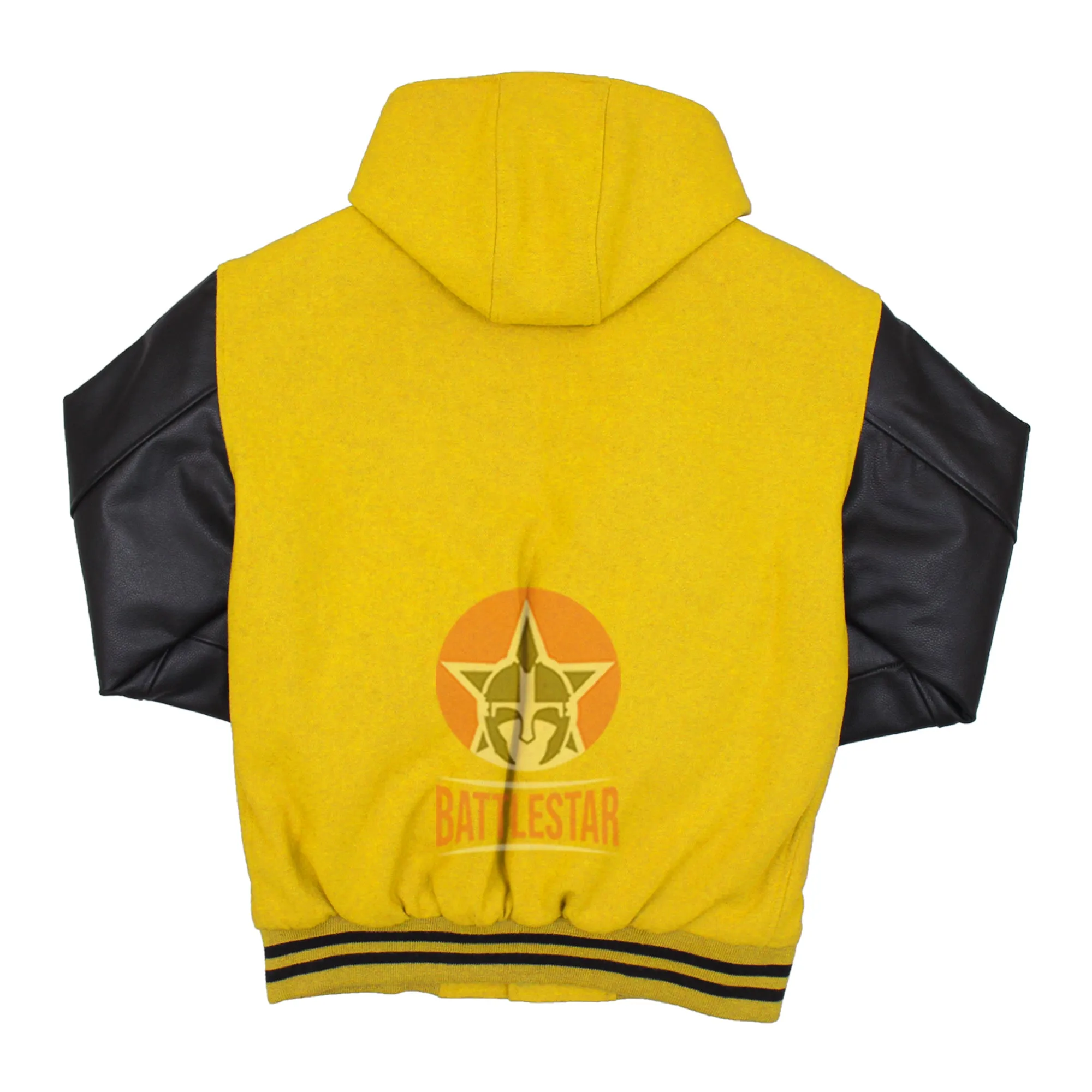 Yellow Wool Black Leather Hooded Baseball Letterman Varsity Jacket