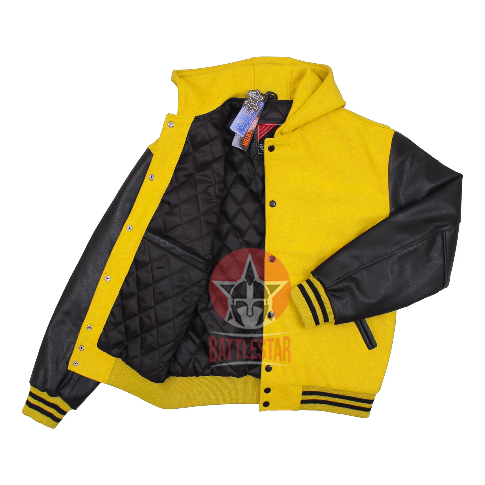 Yellow Wool Black Leather Hooded Baseball Letterman Varsity Jacket