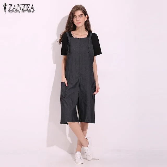 ZANZEA Womens Jumpsuits 2017 Sleeveless Adjustable Strap Pockets Button Wide Leg Denim Blue Retro Rompers Calf Length Overalls